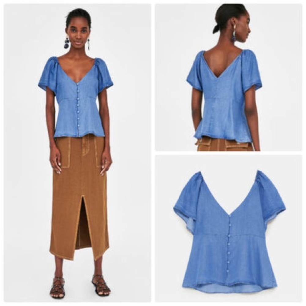 NWT Zara Chambray V Neck Button Down Flowing Top - Picture 5 of 7